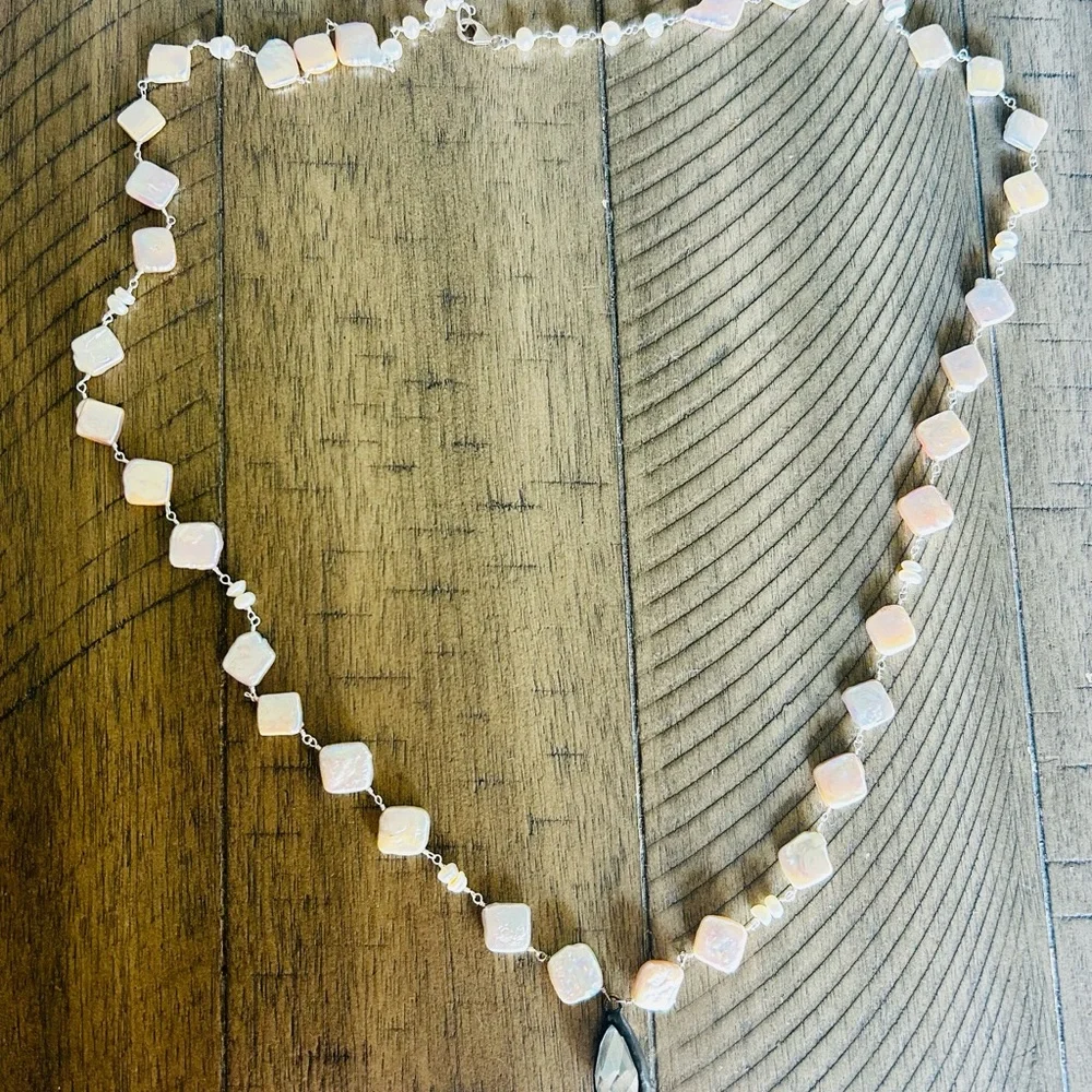 34" NECKLACE PEARL COLOR SQUARE PEARLS;  STERLING SILVER CRYSTAL CHARM; NEW - Picture 9 of 9
